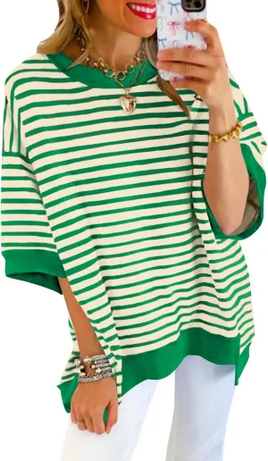 Poetsky Womens Oversized Tops Casual Short Sleeve Striped Shirts Summer Crewneck Pullover Sweatshirt Loose Blouses