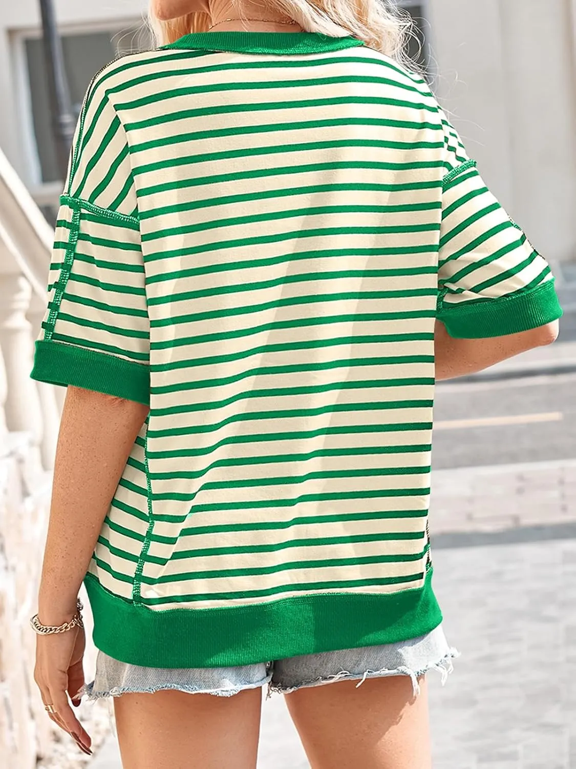 Poetsky Womens Oversized Tops Casual Short Sleeve Striped Shirts Summer Crewneck Pullover Sweatshirt Loose Blouses