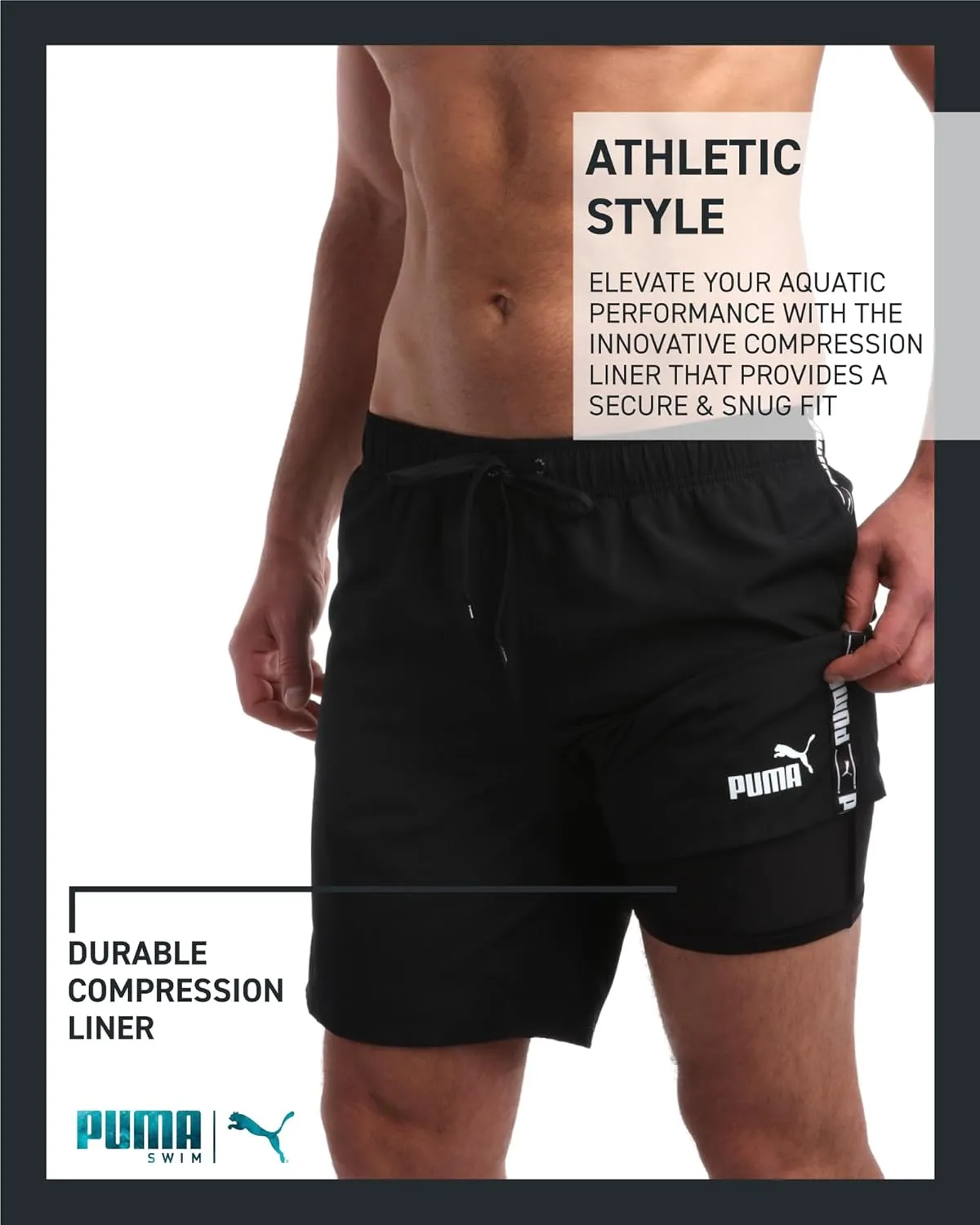 PUMA Men's Bathing Suit - 2 Pack Quick Dry Swimsuit Trunks with Mesh Compression Liner - 8" Inseam Swimwear (S-XL)