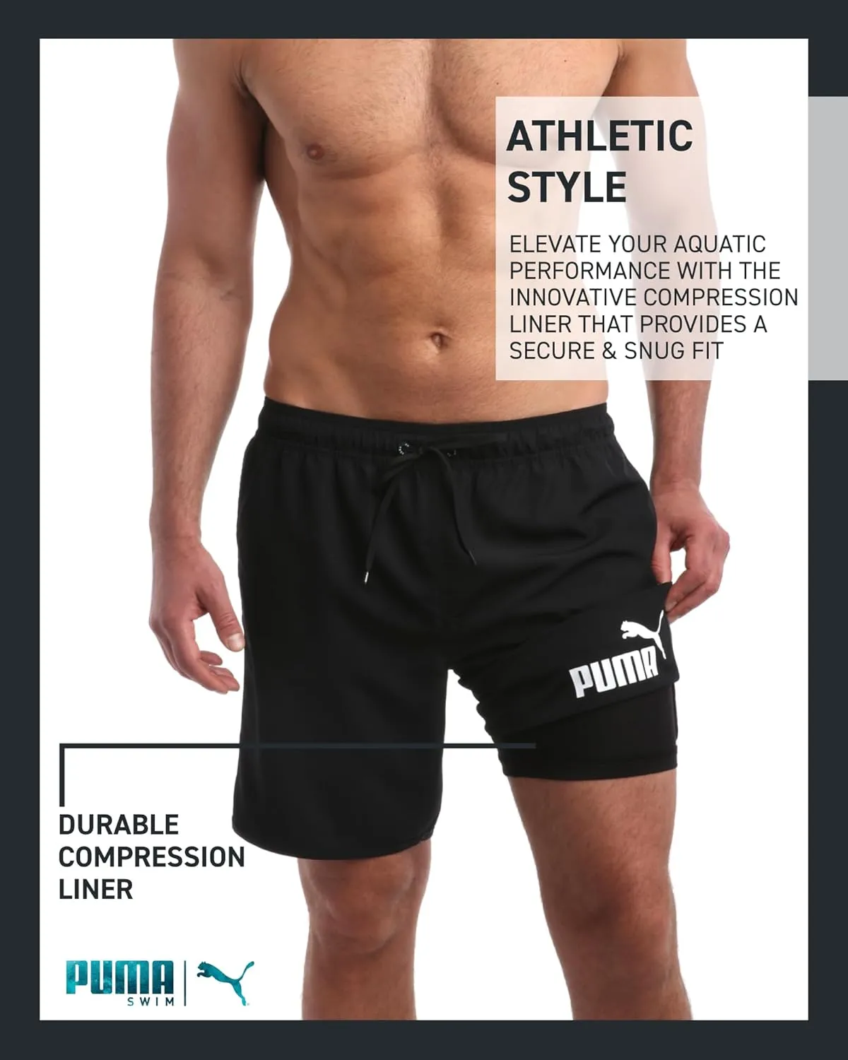 PUMA Men's Bathing Suit - 2 Pack Quick Dry Swimsuit Trunks with Mesh Compression Liner - 8" Inseam Swimwear (S-XL)
