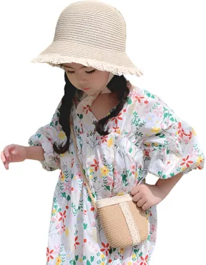 PURFUN Little Girls Straw Hat Mini Bag Set, Summer Anti-UV Floppy Sun Hat Bucket Hat with Cross Body Bag Purse for 3-6 Yrs