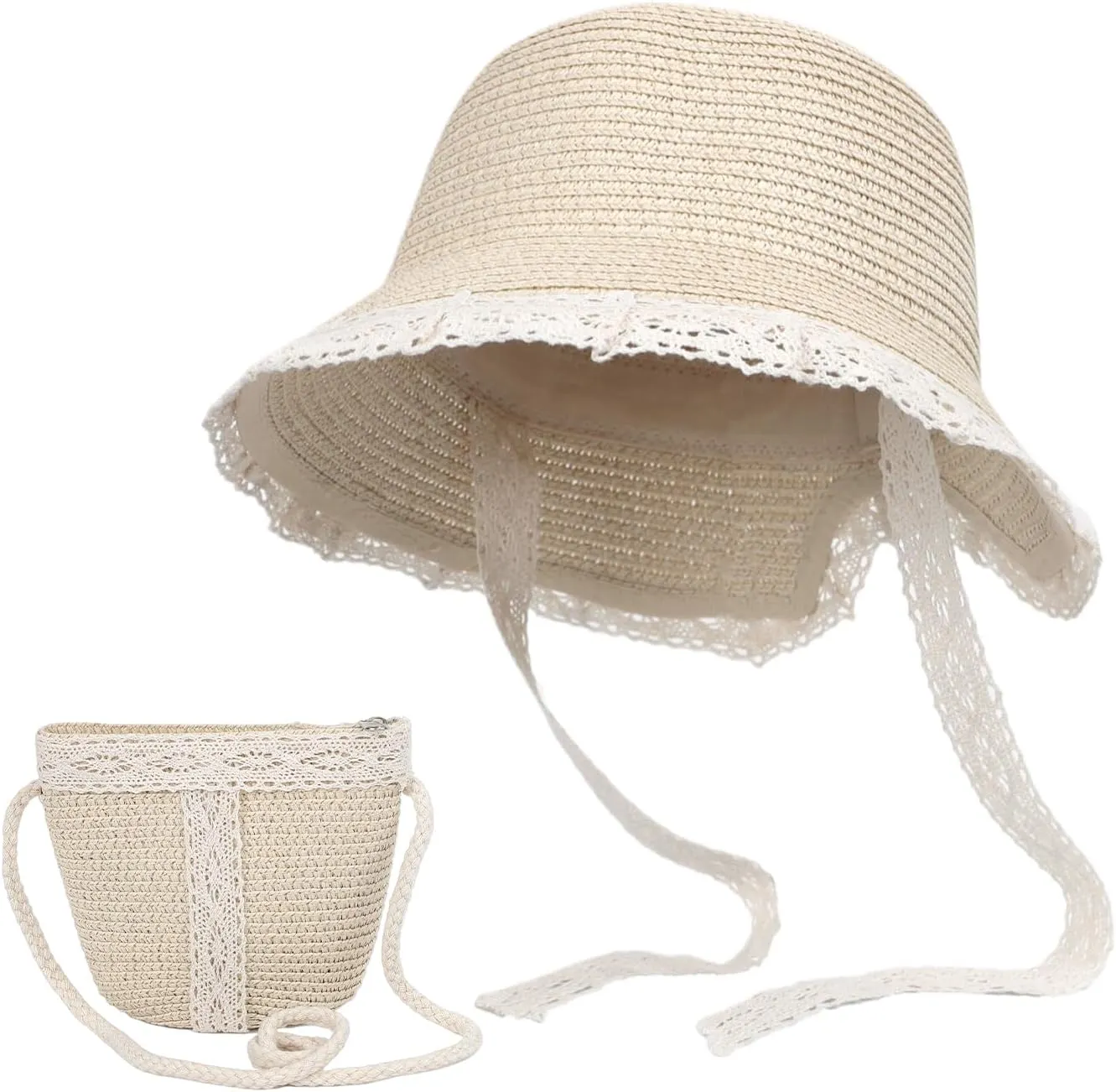 PURFUN Little Girls Straw Hat Mini Bag Set, Summer Anti-UV Floppy Sun Hat Bucket Hat with Cross Body Bag Purse for 3-6 Yrs