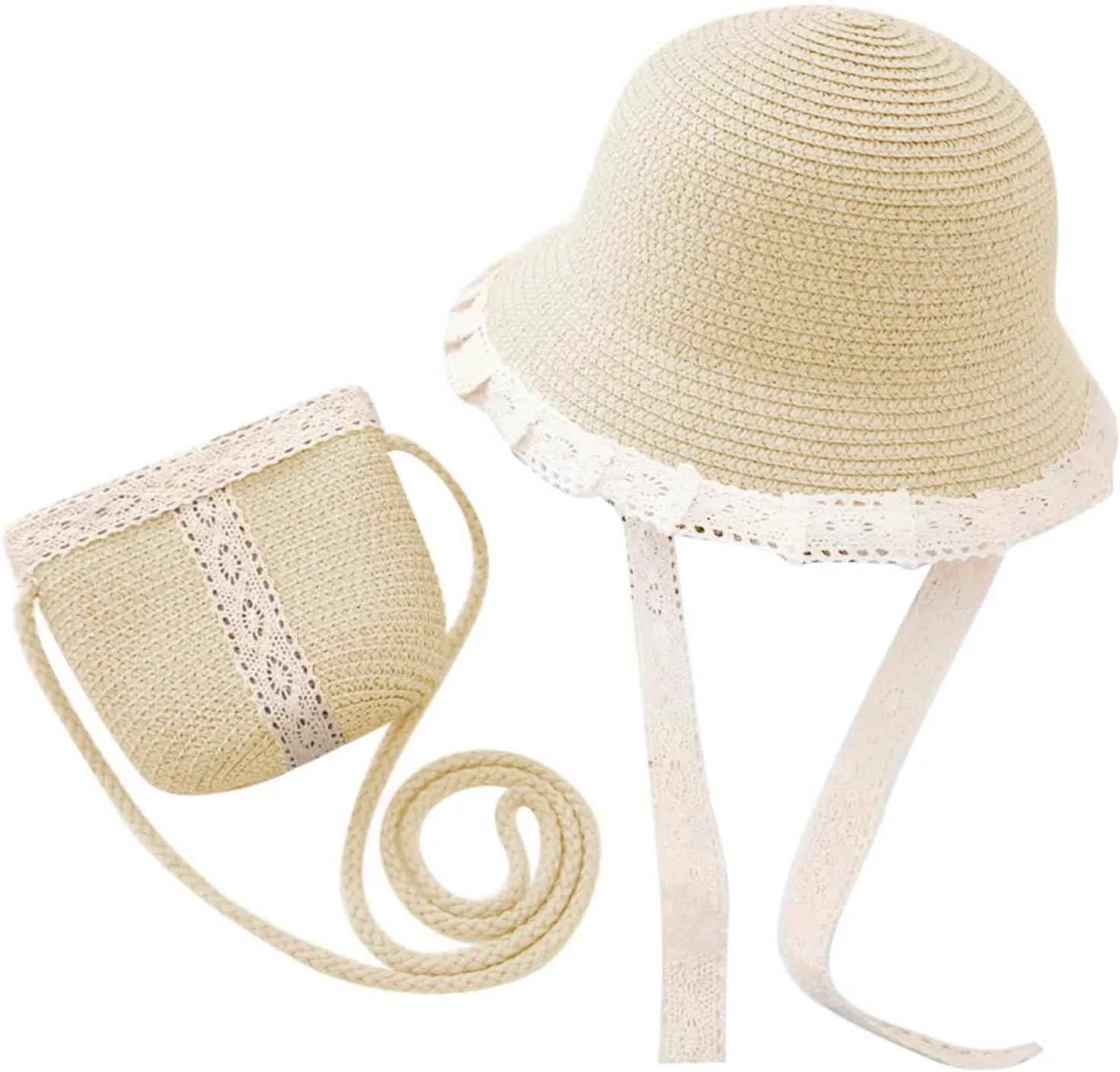 PURFUN Little Girls Straw Hat Mini Bag Set, Summer Anti-UV Floppy Sun Hat Bucket Hat with Cross Body Bag Purse for 3-6 Yrs