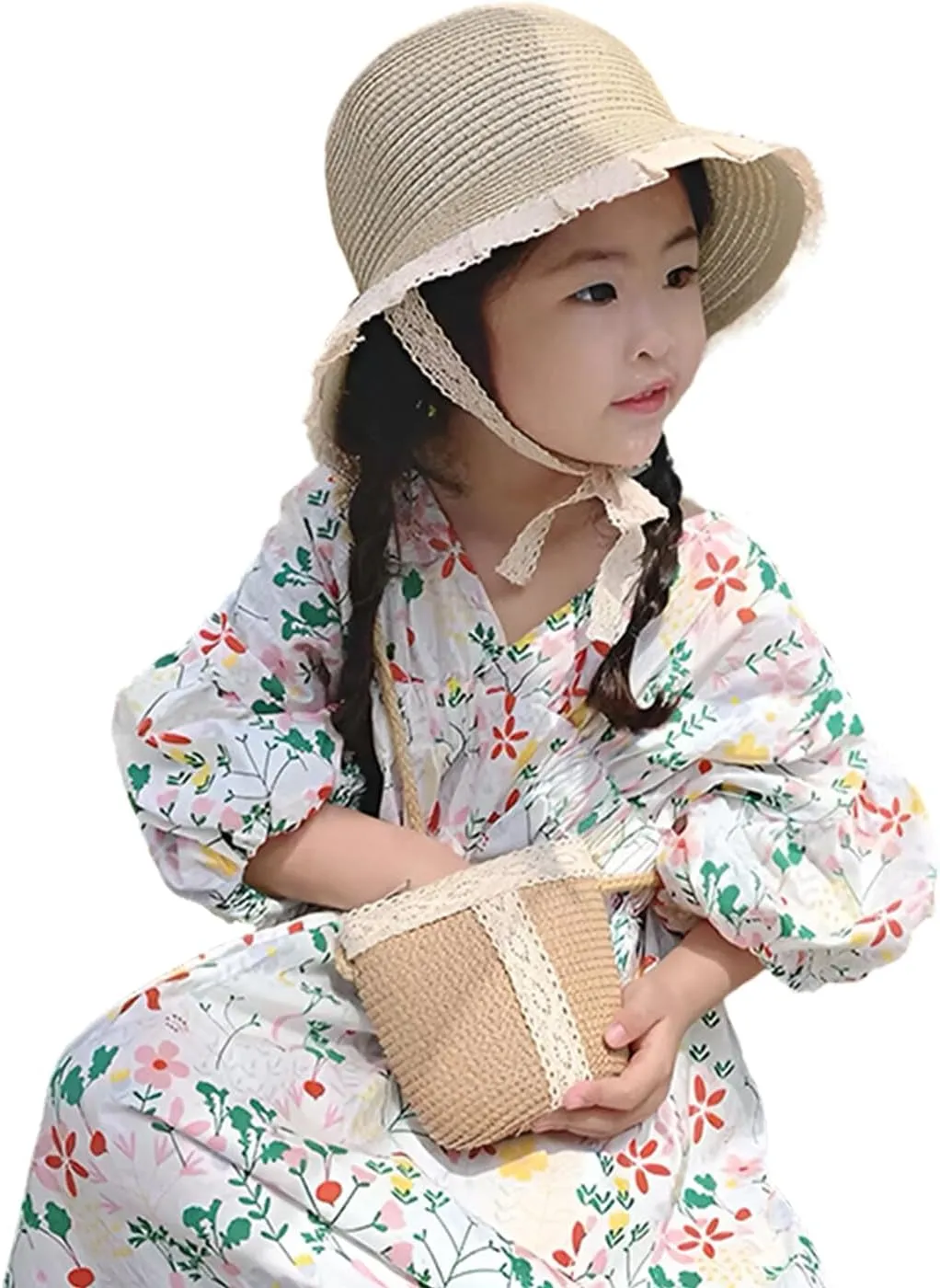 PURFUN Little Girls Straw Hat Mini Bag Set, Summer Anti-UV Floppy Sun Hat Bucket Hat with Cross Body Bag Purse for 3-6 Yrs