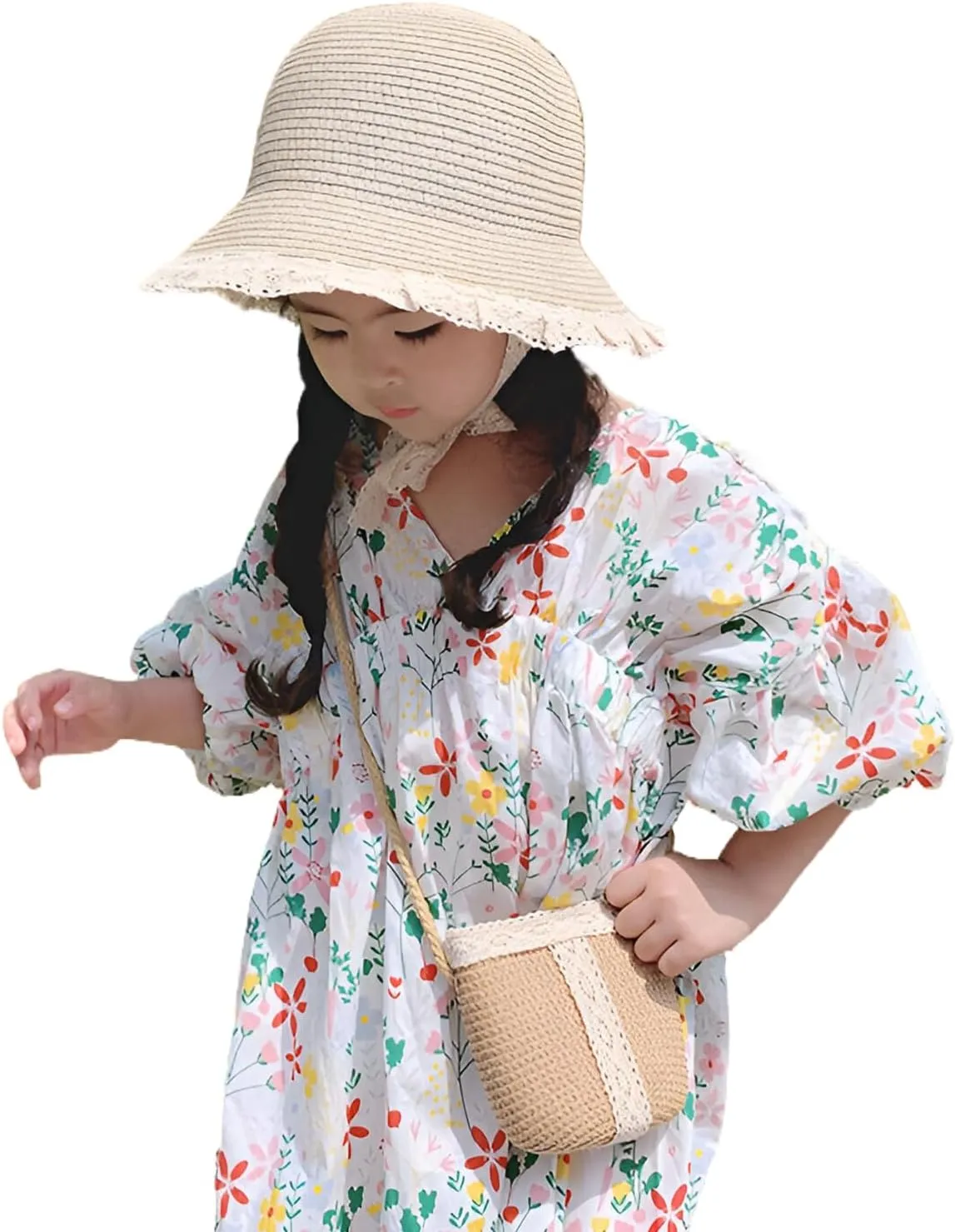 PURFUN Little Girls Straw Hat Mini Bag Set, Summer Anti-UV Floppy Sun Hat Bucket Hat with Cross Body Bag Purse for 3-6 Yrs
