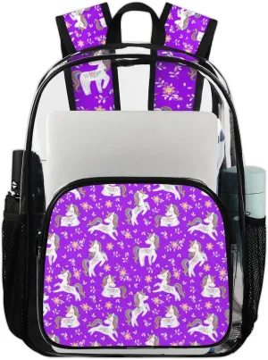 Purple Unicorn Heavy Duty Clear Backpack Cute Animal Unicorn Large See Through Backpacks PVC Transparent Backpack Clear Bag for Women Men Security Stadium Work Travel Events Concert
