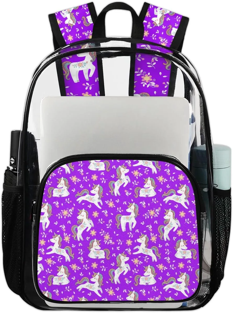 Purple Unicorn Heavy Duty Clear Backpack Cute Animal Unicorn Large See Through Backpacks PVC Transparent Backpack Clear Bag for Women Men Security Stadium Work Travel Events Concert