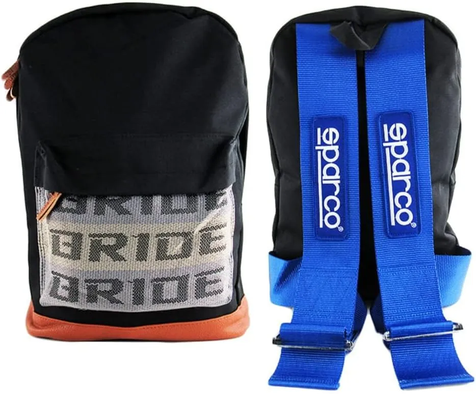 Q1-TECH, JDM Bride Racing Laptop Travel Backpack Brown Bottom with Adjustable Harness Straps (Blue Strap)