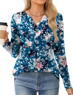 Qirno Womens Tops Fall 2024 Long Sleeve Blouses Dressy Casual V Neck Pleated Work Shirts