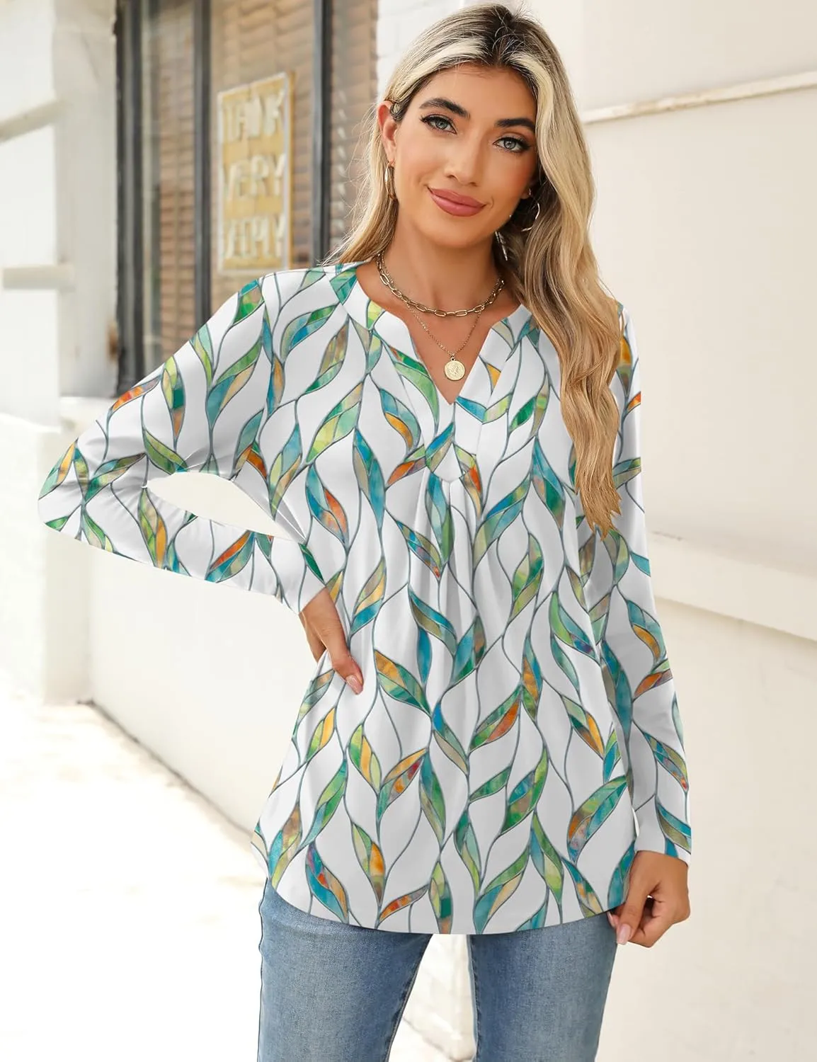 Qirno Womens Tops Fall 2024 Long Sleeve Blouses Dressy Casual V Neck Pleated Work Shirts