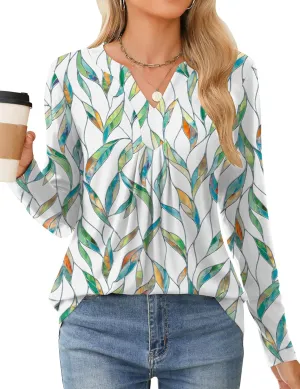 Qirno Womens Tops Fall 2024 Long Sleeve Blouses Dressy Casual V Neck Pleated Work Shirts