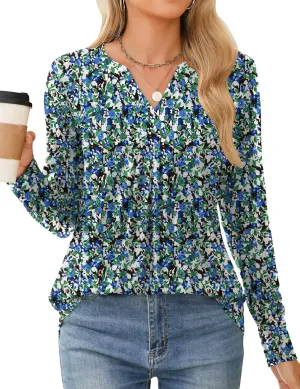 Qirno Womens Tops Fall 2024 Long Sleeve Blouses Dressy Casual V Neck Pleated Work Shirts