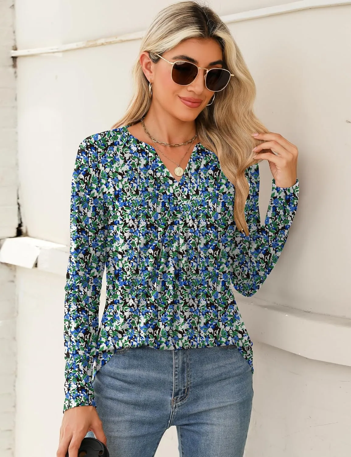Qirno Womens Tops Fall 2024 Long Sleeve Blouses Dressy Casual V Neck Pleated Work Shirts