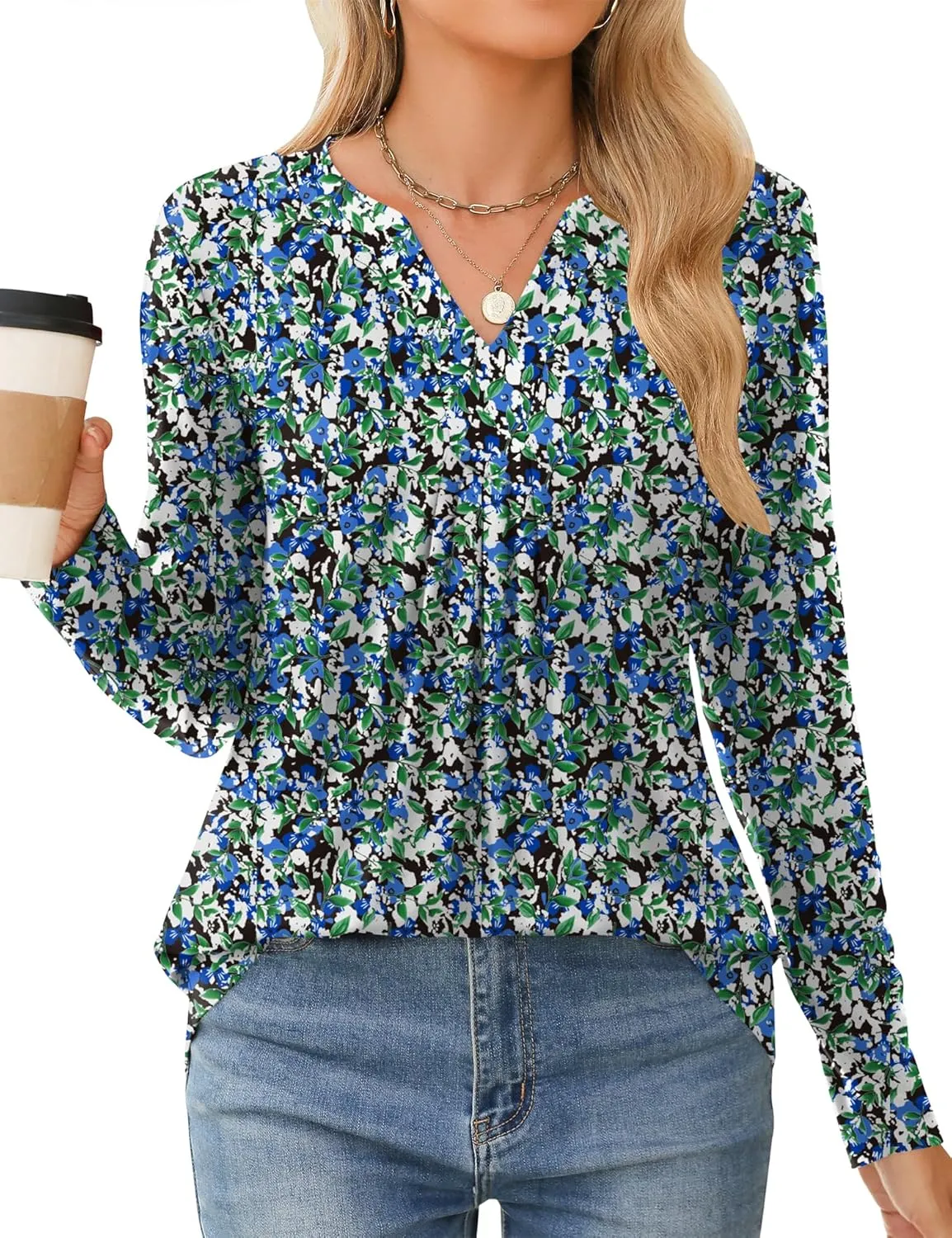 Qirno Womens Tops Fall 2024 Long Sleeve Blouses Dressy Casual V Neck Pleated Work Shirts