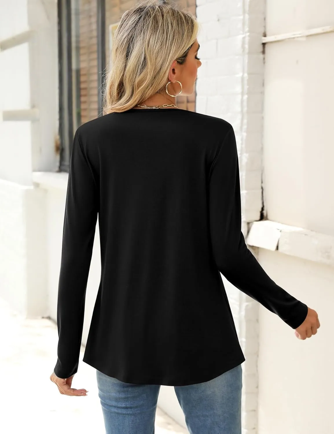 Qirno Womens Tops Fall 2024 Long Sleeve Blouses Dressy Casual V Neck Pleated Work Shirts
