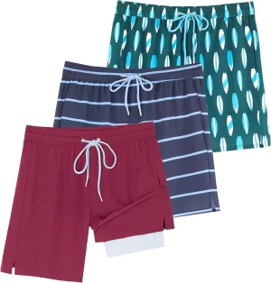 Real Essentials 3 Pack: Men's 7" 2 in 1 Swim Trunks with Compression Liner - Quick Dry Bathing Suit Swimwear Board Shorts