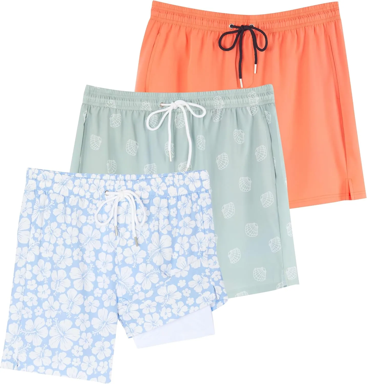 Real Essentials 3 Pack: Men's 7" 2 in 1 Swim Trunks with Compression Liner - Quick Dry Bathing Suit Swimwear Board Shorts