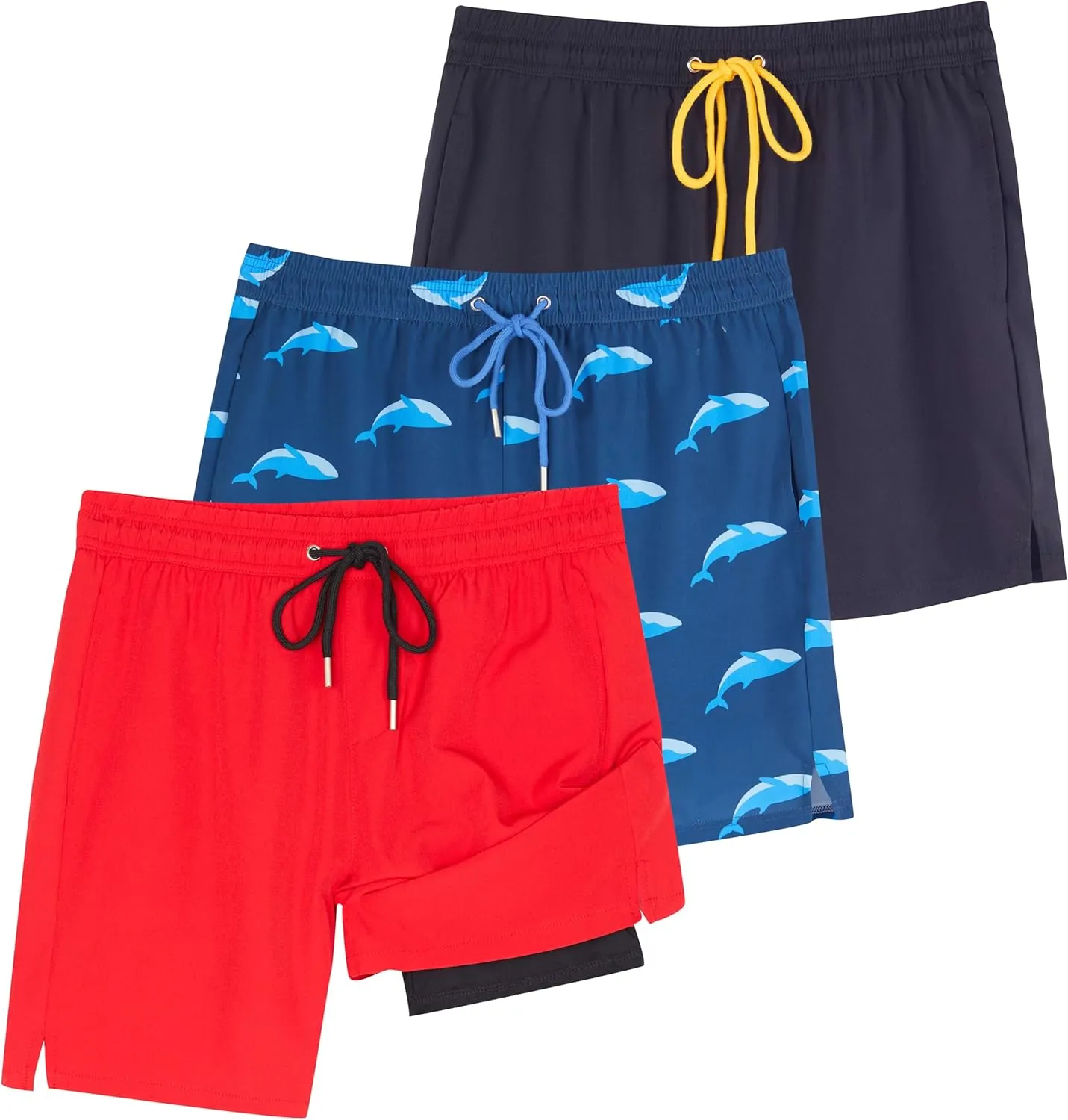 Real Essentials 3 Pack: Men's 7" 2 in 1 Swim Trunks with Compression Liner - Quick Dry Bathing Suit Swimwear Board Shorts