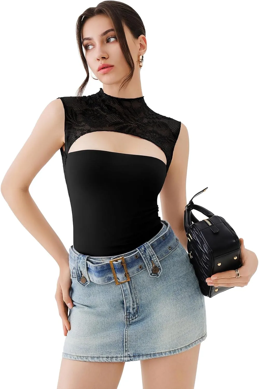 REORIA Women's Sexy Cutout Lace Flower High Neck Sleeveless Slim Y2K Going Out Crop Tank Tops
