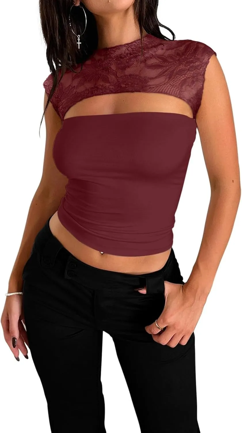 REORIA Women's Sexy Cutout Lace Flower High Neck Sleeveless Slim Y2K Going Out Crop Tank Tops