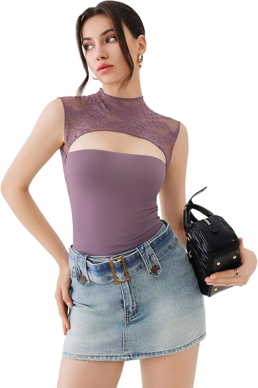 REORIA Women's Sexy Cutout Lace Flower High Neck Sleeveless Slim Y2K Going Out Crop Tank Tops