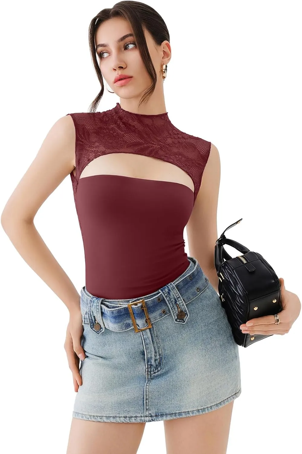 REORIA Women's Sexy Cutout Lace Flower High Neck Sleeveless Slim Y2K Going Out Crop Tank Tops