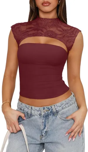 REORIA Women's Sexy Cutout Lace Flower High Neck Sleeveless Slim Y2K Going Out Crop Tank Tops