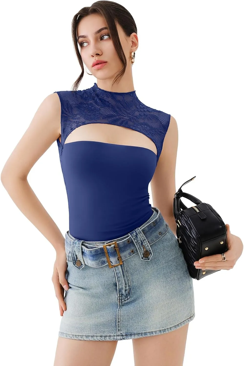REORIA Women's Sexy Cutout Lace Flower High Neck Sleeveless Slim Y2K Going Out Crop Tank Tops