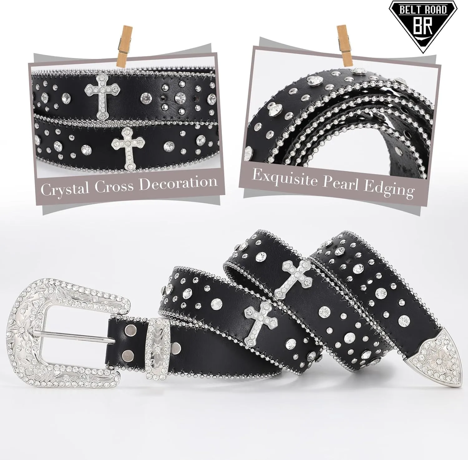 Rhinestone Belt for Men Women, Western Cowboy Cowgirl Belts Bling Leather Belt With Cross and Diamond for Jeans