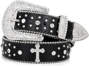 Rhinestone Belt for Men Women, Western Cowboy Cowgirl Belts Bling Leather Belt With Cross and Diamond for Jeans