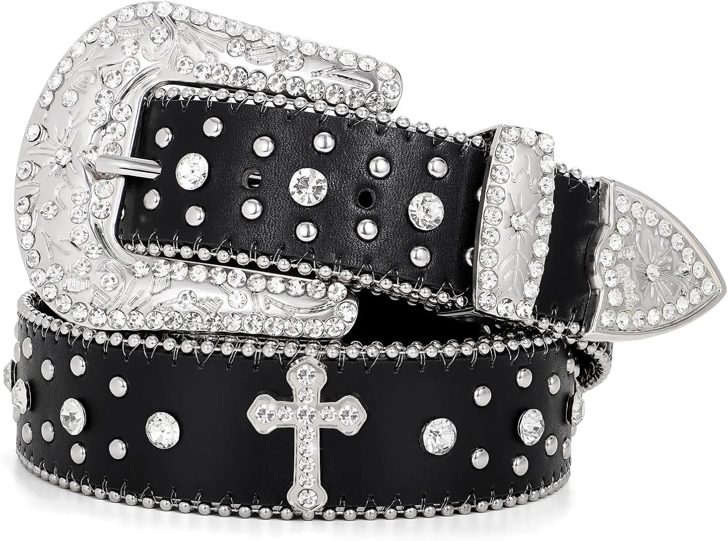 Rhinestone Belt for Men Women, Western Cowboy Cowgirl Belts Bling Leather Belt With Cross and Diamond for Jeans