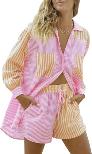 SAFRISIOR Womens 2 Piece Casual Tracksuit Outfit Sets Stripe Long Sleeve Shirt And Loose High Waisted Mini Shorts Set