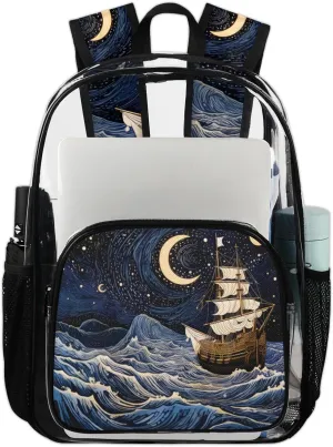 Sailing Boat Ocean Heavy Duty Clear Backpack Sailboat Waves Moon Large See Through Backpacks PVC Transparent Clear Bag for Women Men Security Stadium Work Travel Events Concert
