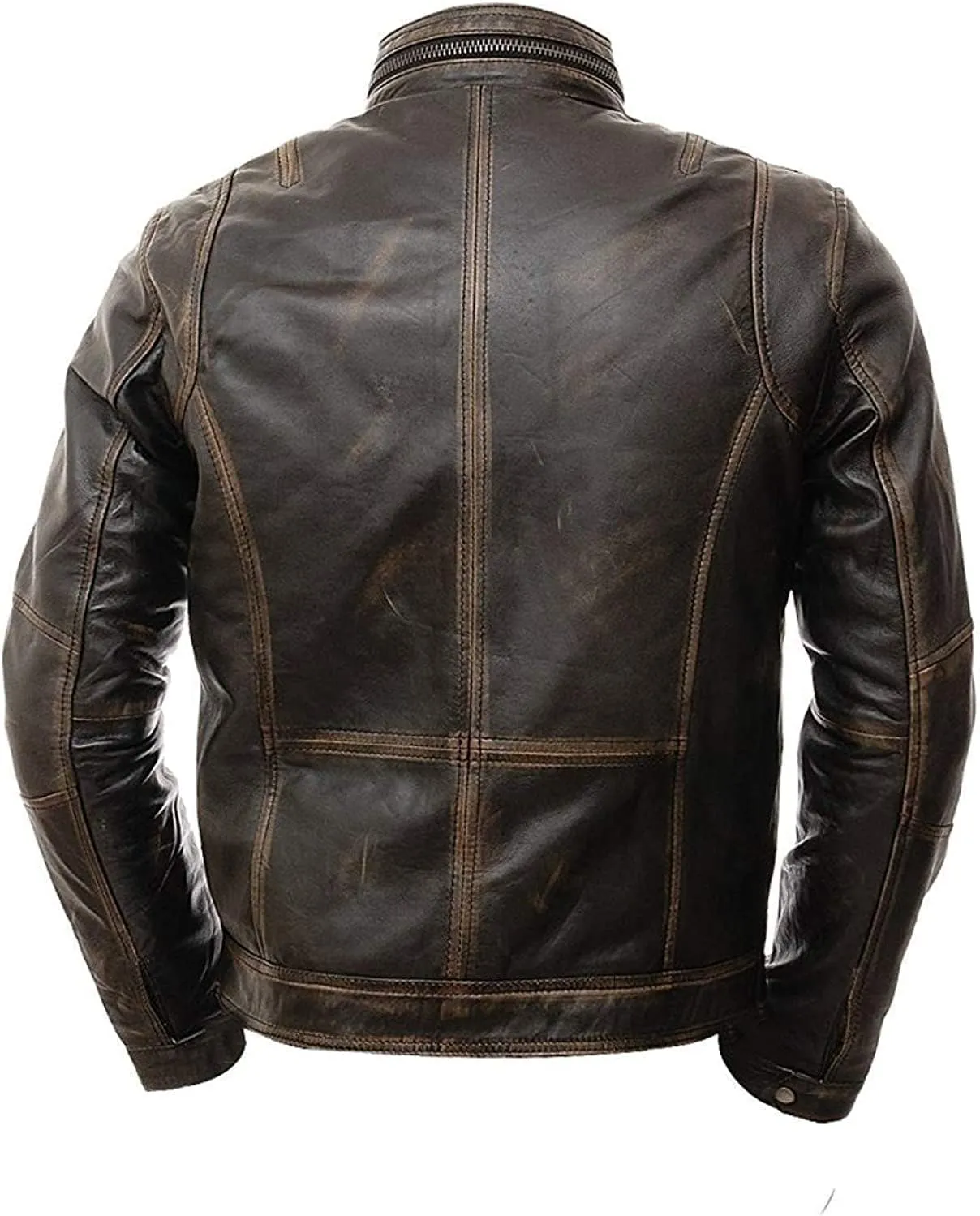 SAMS Mens Motorcycle Brown Vintage Distressed Cafe Racer Slim Fit Real Leather Jacket - Snap/Zip Front Leather Biker Jacket
