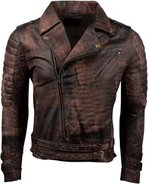 SAMS Mens Motorcycle Brown Vintage Distressed Cafe Racer Slim Fit Real Leather Jacket - Snap/Zip Front Leather Biker Jacket