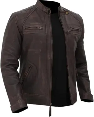 SAMS Mens Motorcycle Brown Vintage Distressed Cafe Racer Slim Fit Real Leather Jacket - Snap/Zip Front Leather Biker Jacket