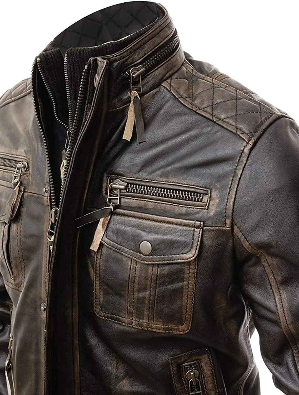 SAMS Mens Motorcycle Brown Vintage Distressed Cafe Racer Slim Fit Real Leather Jacket - Snap/Zip Front Leather Biker Jacket