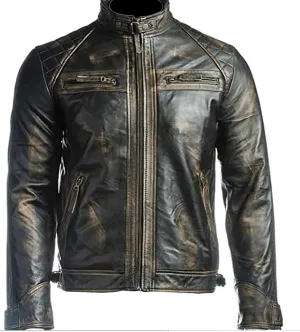 SAMS Mens Motorcycle Brown Vintage Distressed Cafe Racer Slim Fit Real Leather Jacket - Snap/Zip Front Leather Biker Jacket