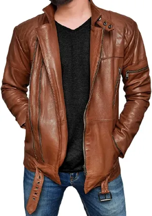 SAMS Mens Motorcycle Brown Vintage Distressed Cafe Racer Slim Fit Real Leather Jacket - Snap/Zip Front Leather Biker Jacket