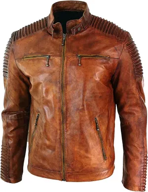 SAMS Mens Motorcycle Brown Vintage Distressed Cafe Racer Slim Fit Real Leather Jacket - Snap/Zip Front Leather Biker Jacket