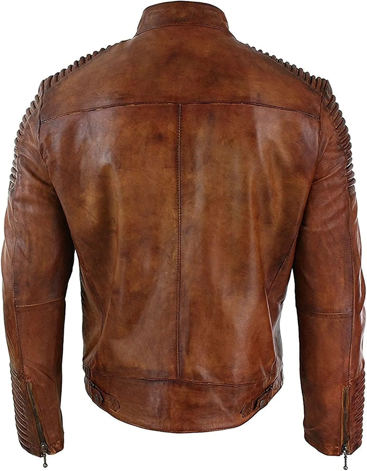 SAMS Mens Motorcycle Brown Vintage Distressed Cafe Racer Slim Fit Real Leather Jacket - Snap/Zip Front Leather Biker Jacket