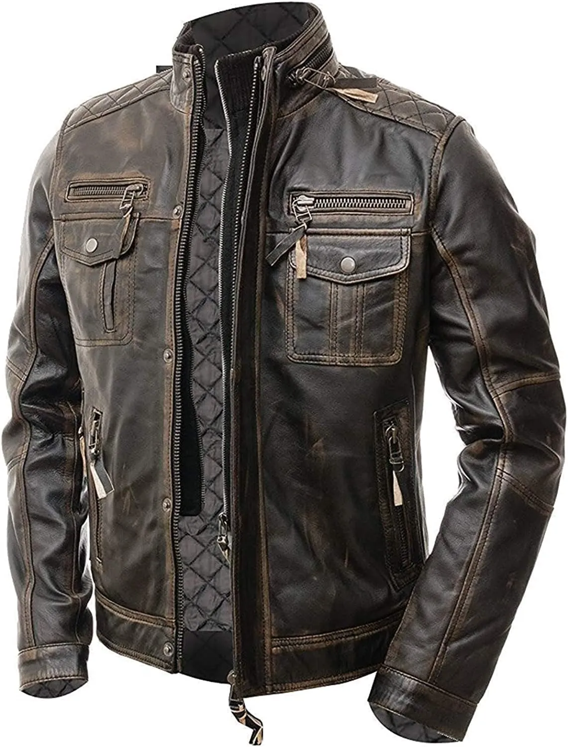 SAMS Mens Motorcycle Brown Vintage Distressed Cafe Racer Slim Fit Real Leather Jacket - Snap/Zip Front Leather Biker Jacket
