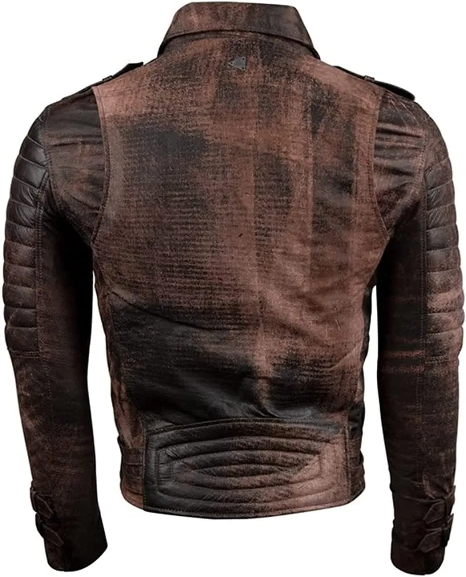 SAMS Mens Motorcycle Brown Vintage Distressed Cafe Racer Slim Fit Real Leather Jacket - Snap/Zip Front Leather Biker Jacket