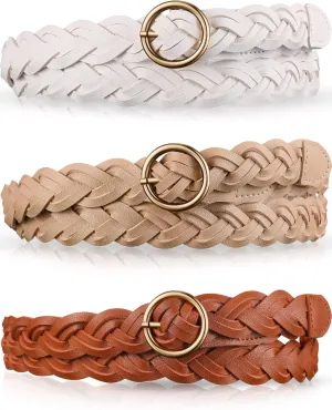 SATINIOR 3 Pcs Women's Braided Leather Belt Skinny Woven Braided O Ring Buckle Leather Belt for Dress Jean Skirt Pant
