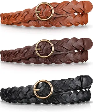 SATINIOR 3 Pcs Women's Braided Leather Belt Skinny Woven Braided O Ring Buckle Leather Belt for Dress Jean Skirt Pant