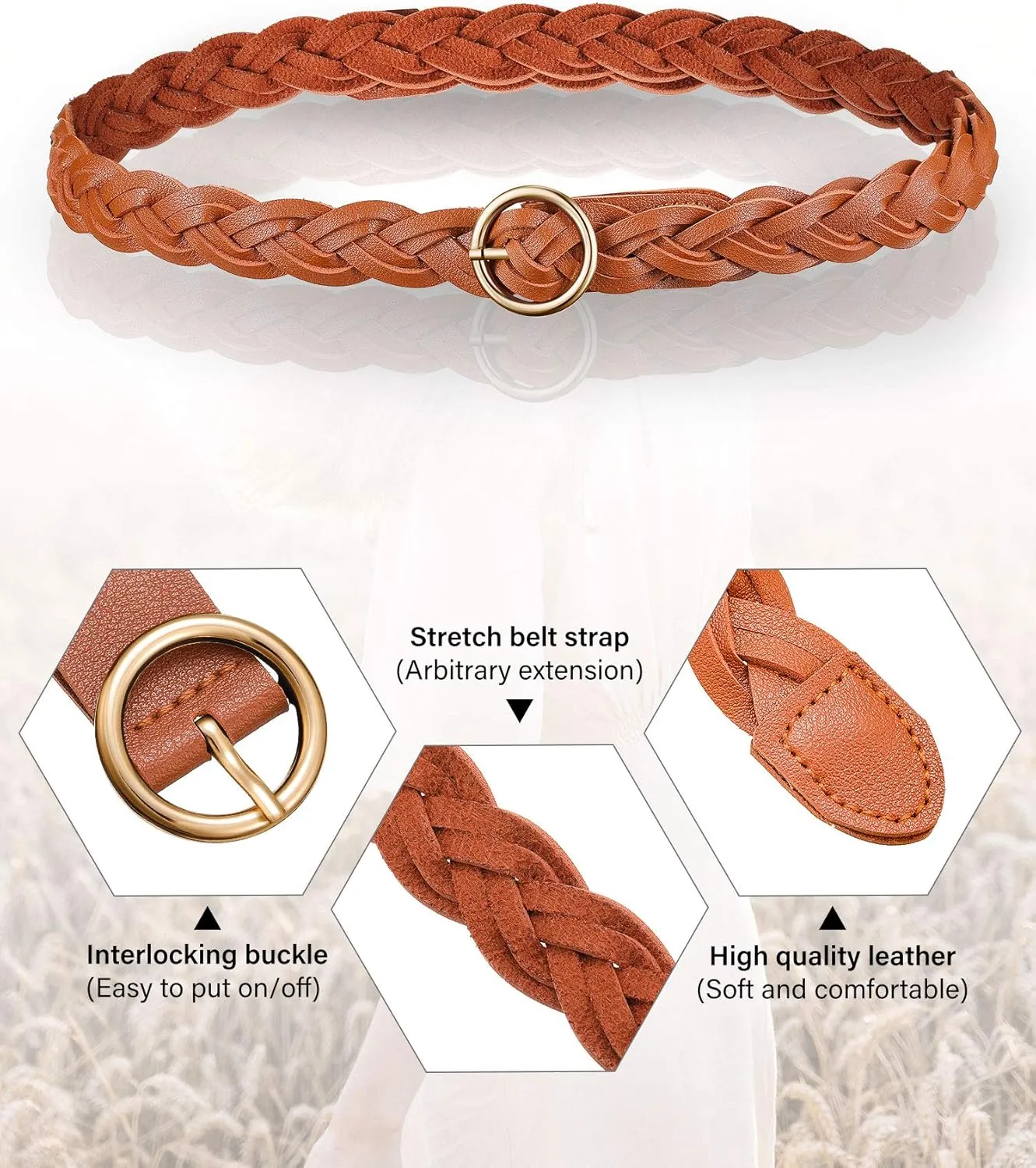 SATINIOR 3 Pcs Women's Braided Leather Belt Skinny Woven Braided O Ring Buckle Leather Belt for Dress Jean Skirt Pant