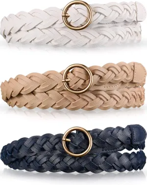 SATINIOR 3 Pcs Women's Braided Leather Belt Skinny Woven Braided O Ring Buckle Leather Belt for Dress Jean Skirt Pant