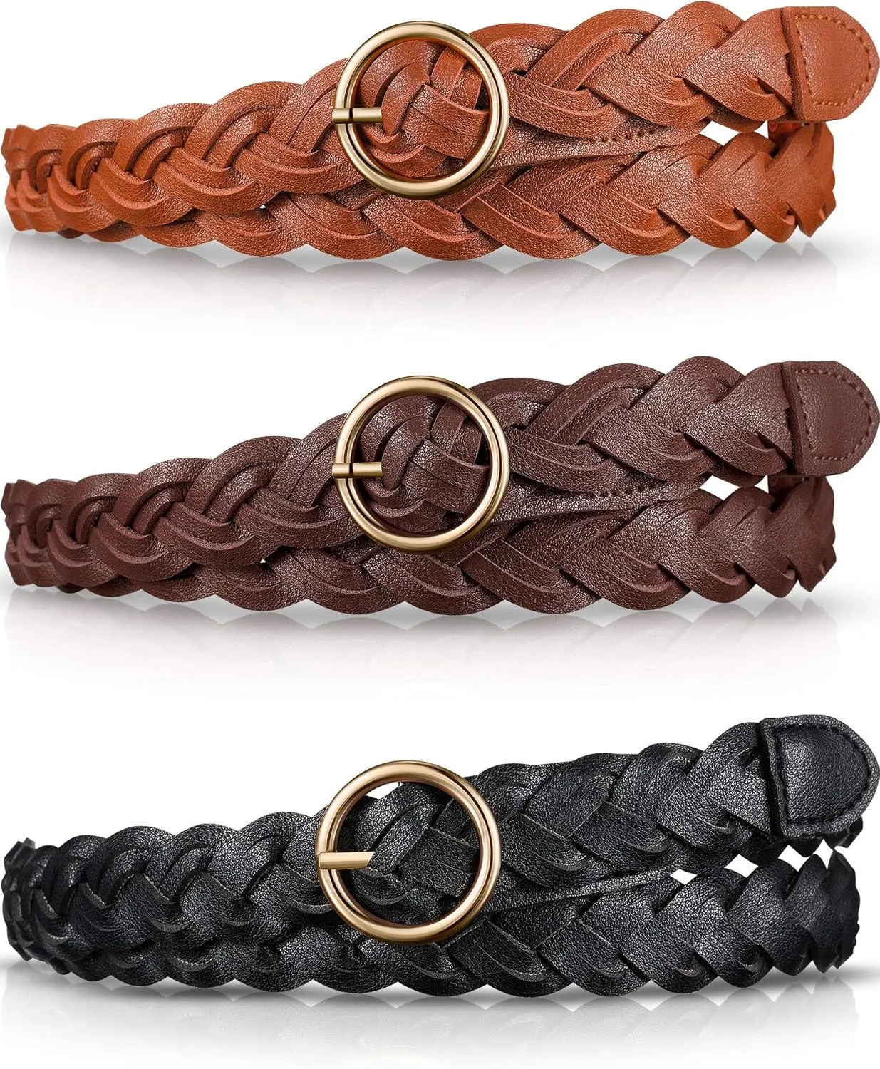SATINIOR 3 Pcs Women's Braided Leather Belt Skinny Woven Braided O Ring Buckle Leather Belt for Dress Jean Skirt Pant