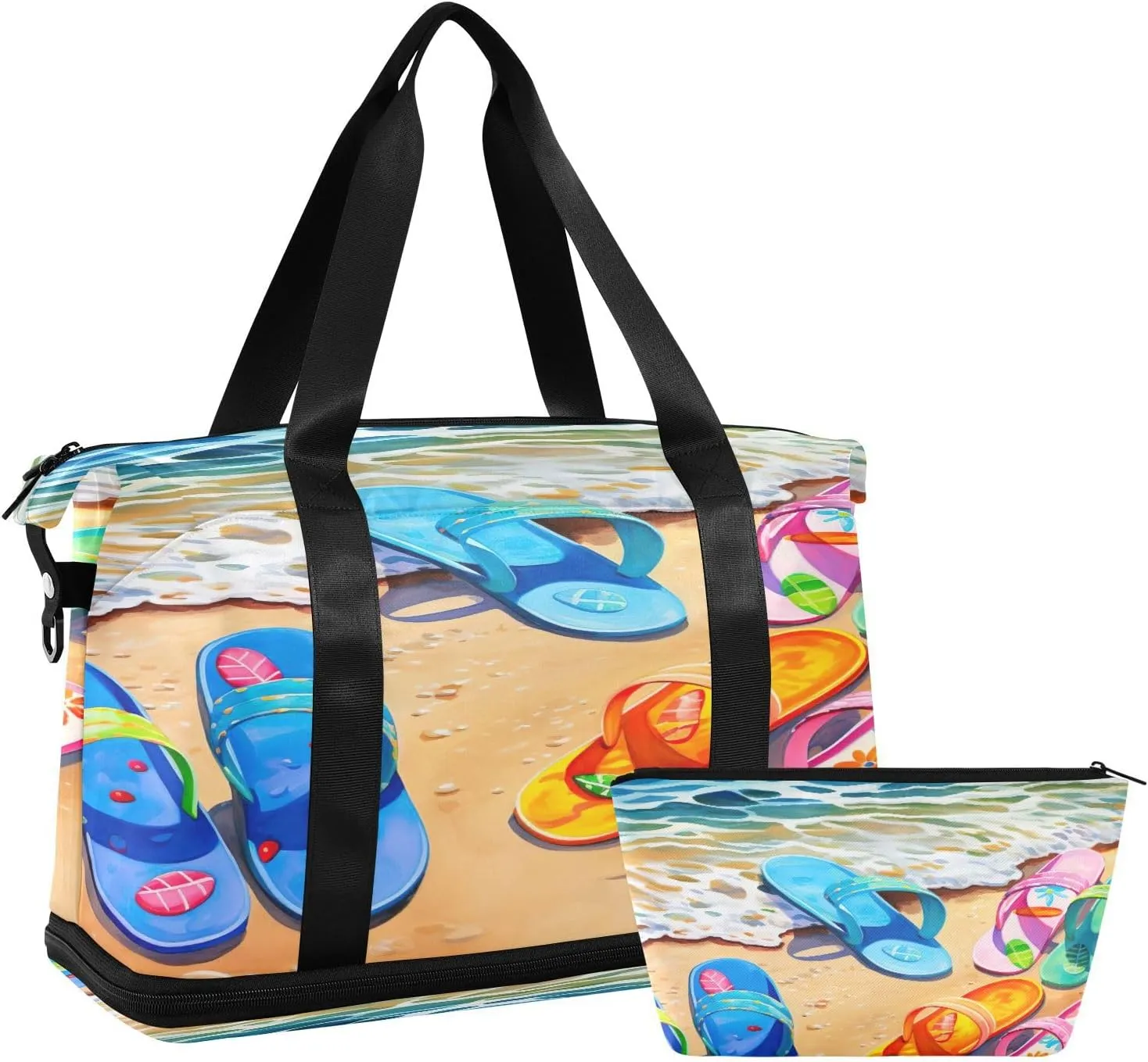 Seaside Slippers Sports Gym Bag with Waterproof Dry Wet Pocket, Travel Duffel Bag for Women MenWorkout Bag Fits Yoga, Swimming