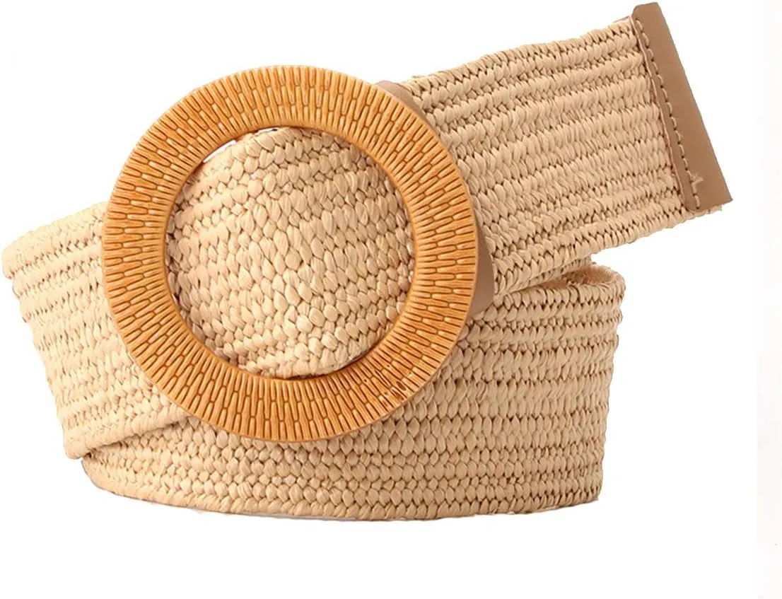 SeptCity Women Woven Rattan Wide Stretch Straw Belt